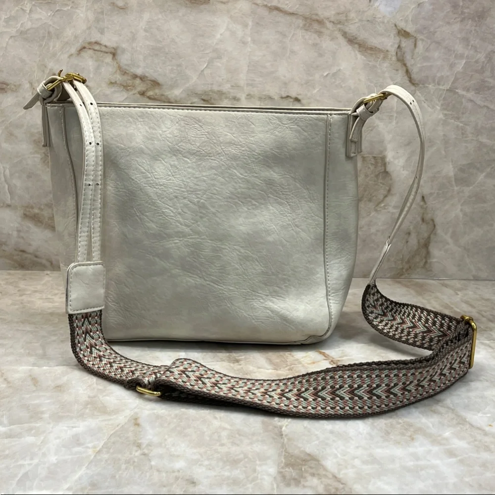 Women’s Cream Leather Crossbody Bag with Guitar Strap - Picture 1 of 12